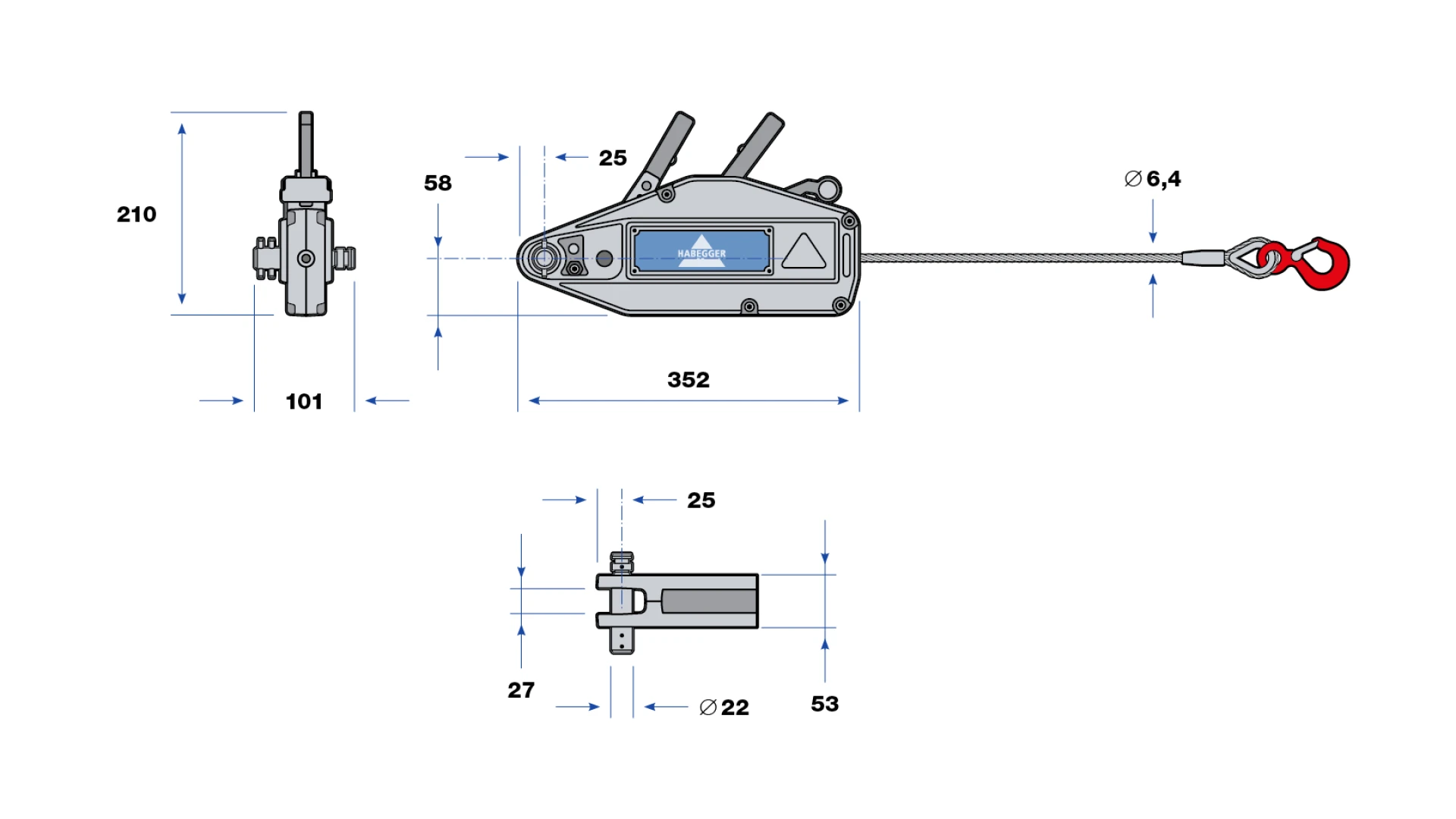 Habegger HIT-06 manual rope hoist  with lever tube, rope and case