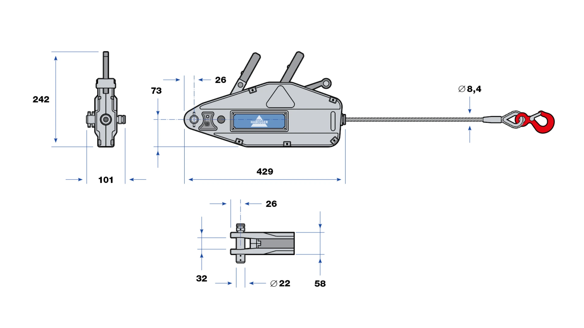 Habegger HIT-10 manual rope hoist  with lever tube, rope and case
