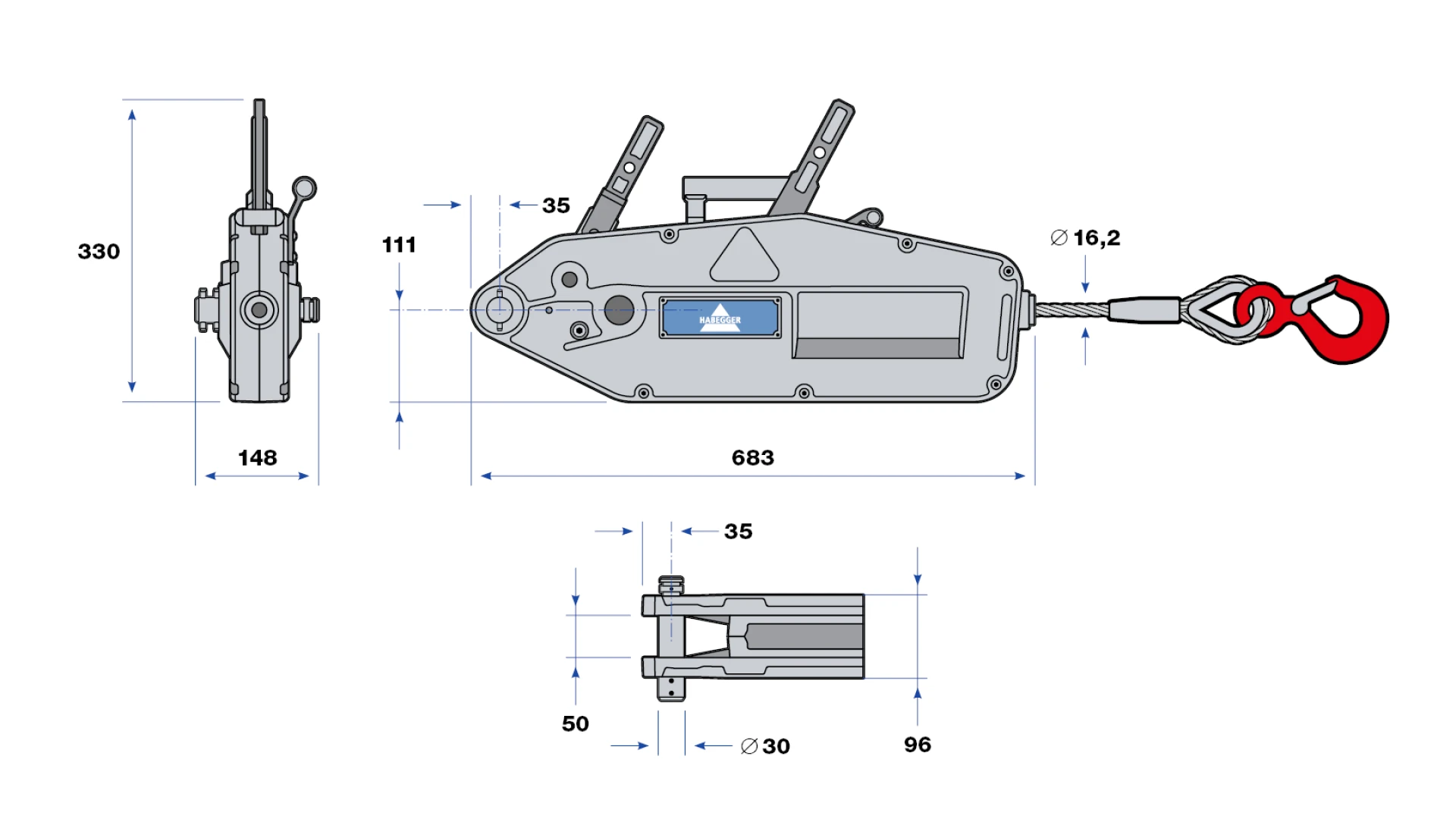 Habegger HIT-32 manual rope hoist  with lever tube and rope on reel